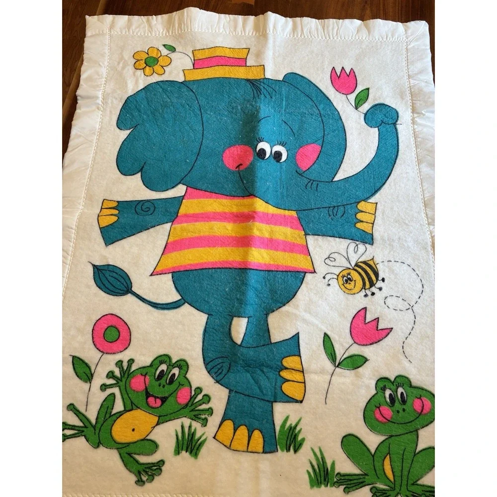 Vintage MCM Acrylic Blanket Kids Or Wall Art Retro SATIN Elephant